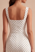 Laden Sie das Bild in den Galerie-Viewer, Weiß-schwarzes Quadrathals-Bodycon-Midi-Polkadots-Kleid