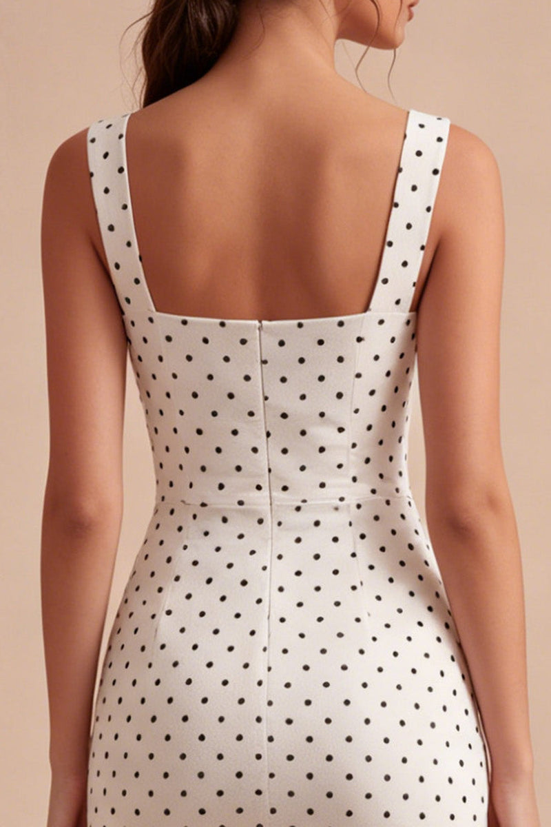 Laden Sie das Bild in den Galerie-Viewer, Weiß-schwarzes Quadrathals-Bodycon-Midi-Polkadots-Kleid