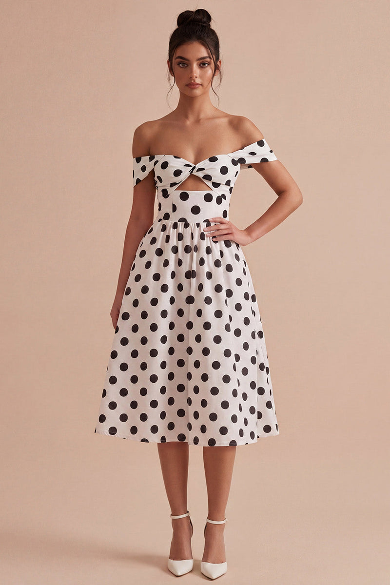 Laden Sie das Bild in den Galerie-Viewer, Weißes und schwarzes Schlüsselloch von der Schulter – eine Linie mit Midi-Polka-Dots-Kleid
