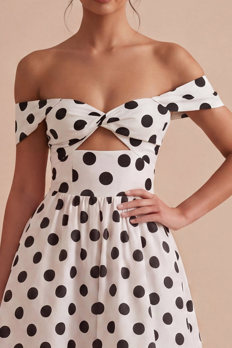 Laden Sie das Bild in den Galerie-Viewer, Weißes und schwarzes Schlüsselloch von der Schulter – eine Linie mit Midi-Polka-Dots-Kleid