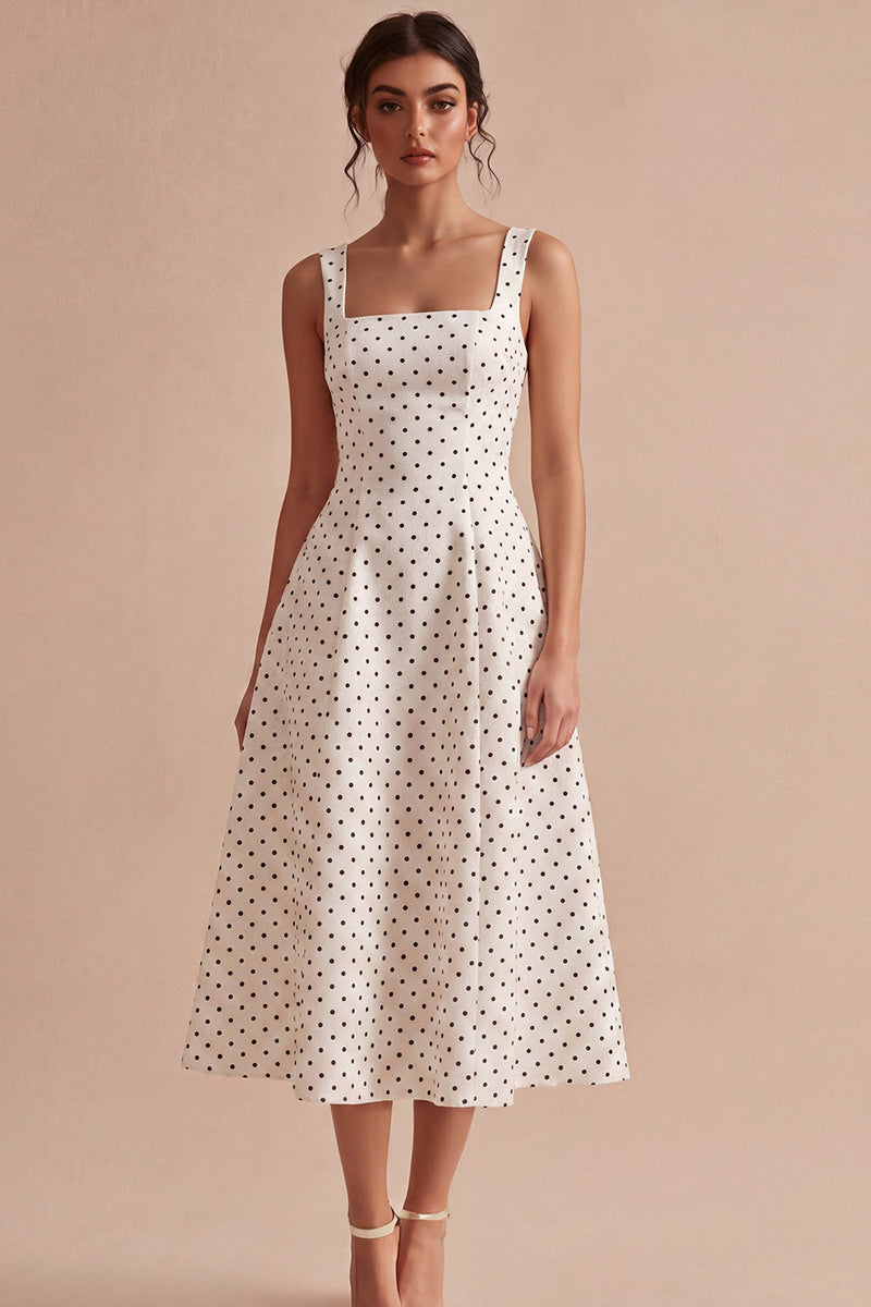 Laden Sie das Bild in den Galerie-Viewer, Weiße und schwarze dicke Träger, ein Linien mit Midi-Polka-Dots-Kleid
