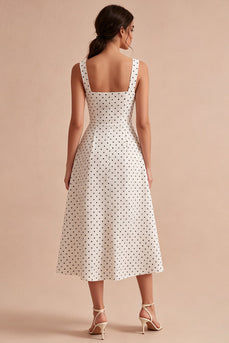 Weiße und schwarze Dicke Träger A-Linien Midi Polka-Dots-Kleid
