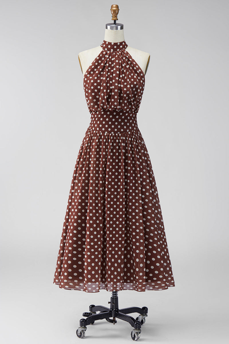 Laden Sie das Bild in den Galerie-Viewer, Kaffeeweißes A-Linien-Chiffon-Chiffon-Kleid mit Backless Midi Polka Dots