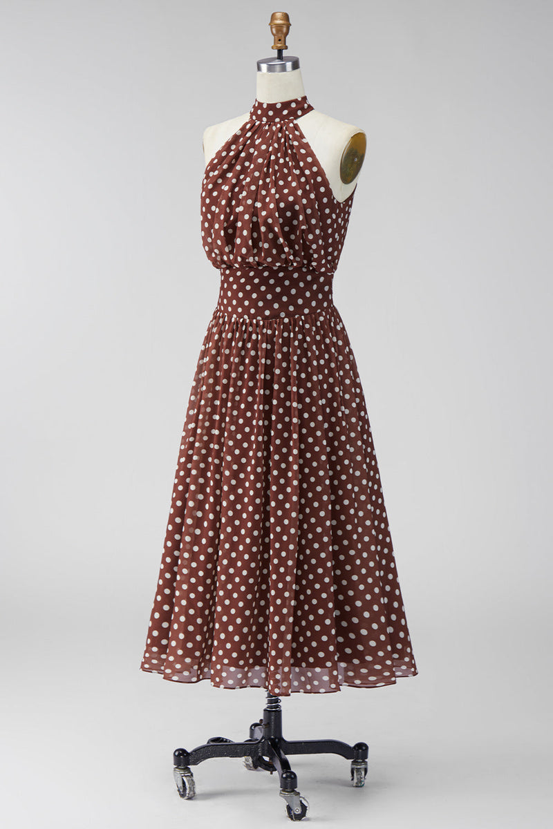 Laden Sie das Bild in den Galerie-Viewer, Kaffeeweißes A-Linien-Chiffon-Chiffon-Kleid mit Backless Midi Polka Dots