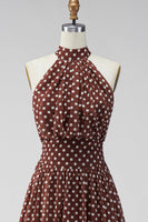 Laden Sie das Bild in den Galerie-Viewer, Kaffeeweißes A-Linien-Chiffon-Chiffon-Kleid mit Backless Midi Polka Dots