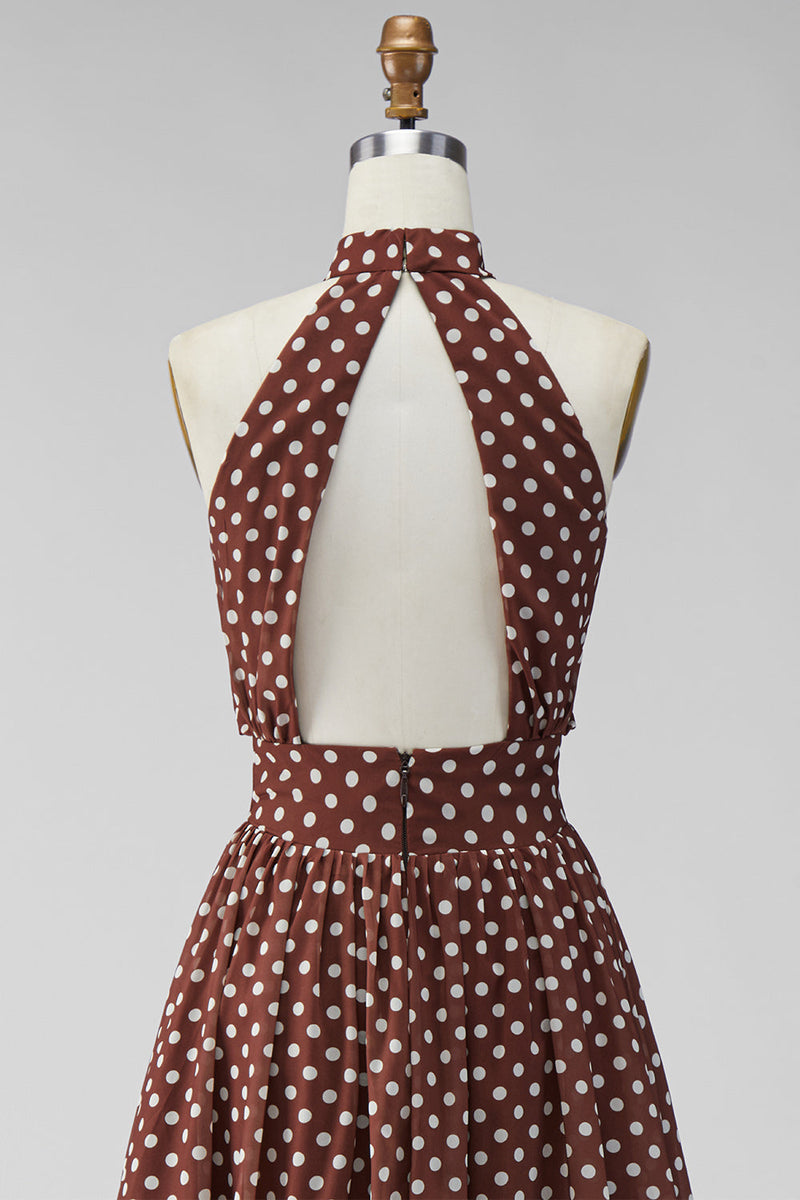 Laden Sie das Bild in den Galerie-Viewer, Kaffeeweißes A-Linien-Chiffon-Chiffon-Kleid mit Backless Midi Polka Dots