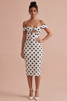Laden Sie das Bild in den Galerie-Viewer, Bodycon weiß-schwarzes Schlüsselloch-Off-the-shoulder Midi-Polkadots-Kleid