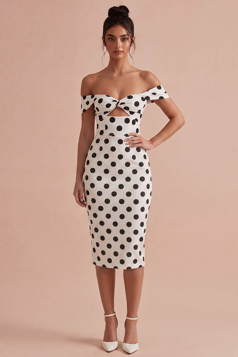 Laden Sie das Bild in den Galerie-Viewer, Bodycon weiß-schwarzes Schlüsselloch-Off-the-shoulder Midi-Polkadots-Kleid