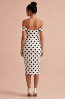 Laden Sie das Bild in den Galerie-Viewer, Bodycon weiß-schwarzes Schlüsselloch-Off-the-shoulder Midi-Polkadots-Kleid
