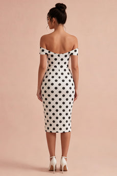 Bodycon Weiß-schwarzes Schlüsselloch Schulterfreies Midi Polkadots-Kleid