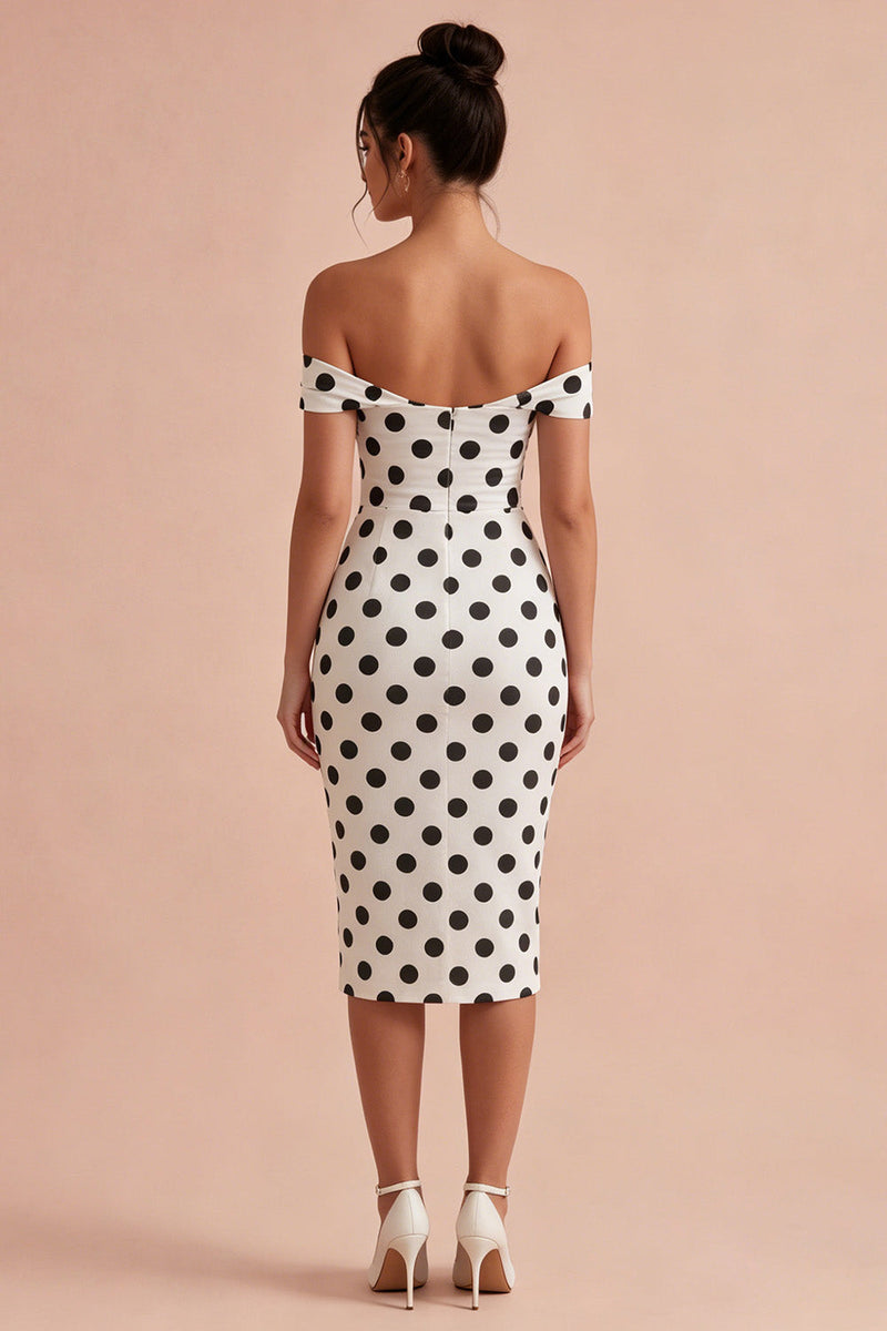 Laden Sie das Bild in den Galerie-Viewer, Bodycon weiß-schwarzes Schlüsselloch-Off-the-shoulder Midi-Polkadots-Kleid