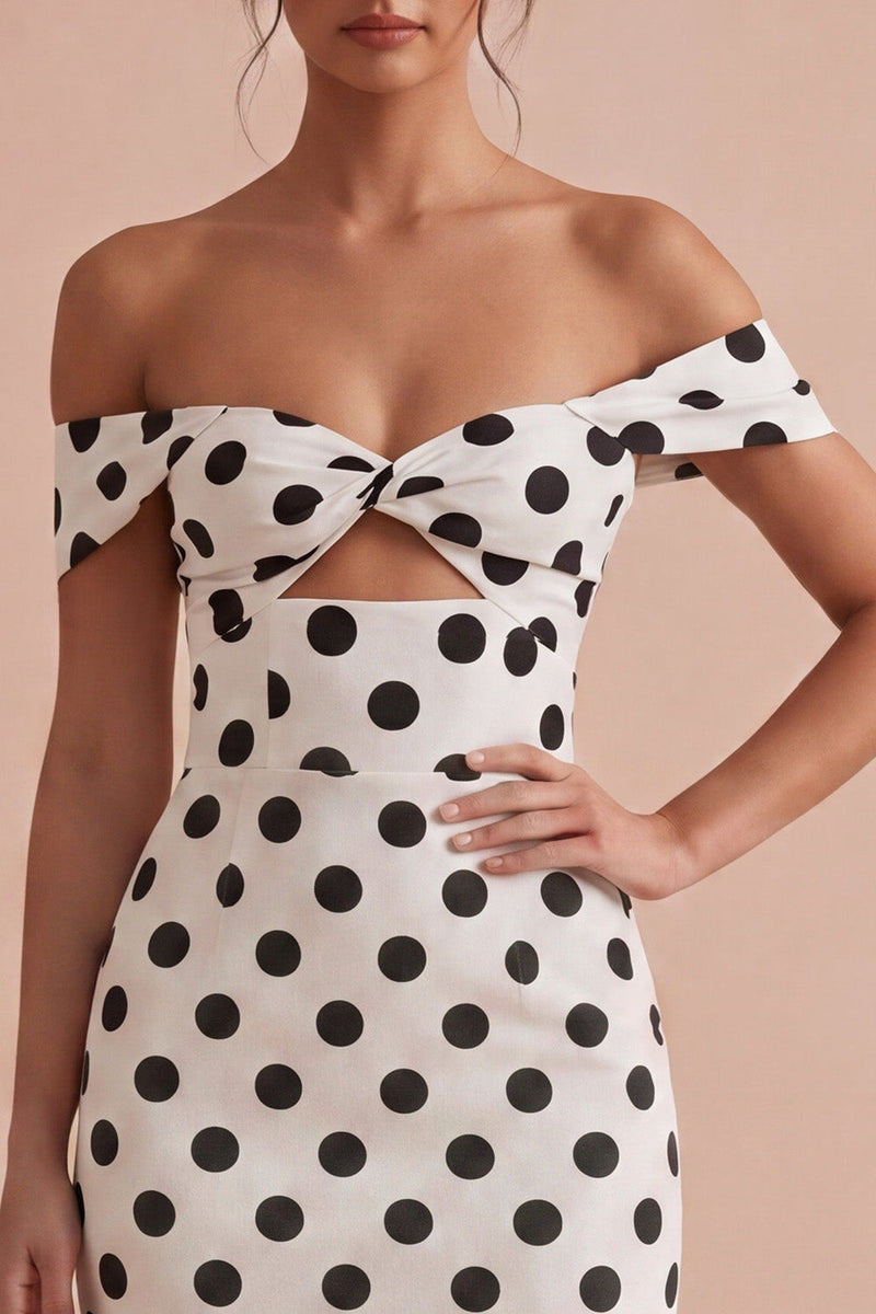 Laden Sie das Bild in den Galerie-Viewer, Bodycon weiß-schwarzes Schlüsselloch-Off-the-shoulder Midi-Polkadots-Kleid