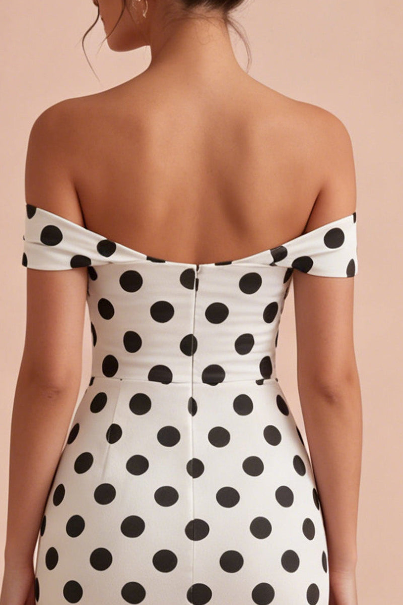 Laden Sie das Bild in den Galerie-Viewer, Bodycon weiß-schwarzes Schlüsselloch-Off-the-shoulder Midi-Polkadots-Kleid