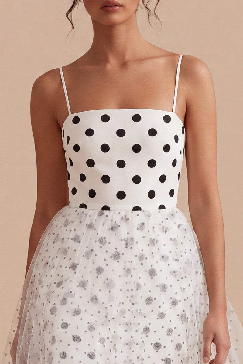 Laden Sie das Bild in den Galerie-Viewer, Weiße, schwarze Punkte A-Linie Tüll-Abschlusskleid