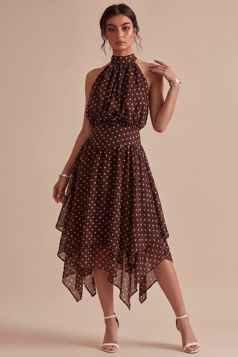 Laden Sie das Bild in den Galerie-Viewer, Kaffee und weißes High-Neck-Kleid mit einer A-Linie mit asymmetrischen Punkten
