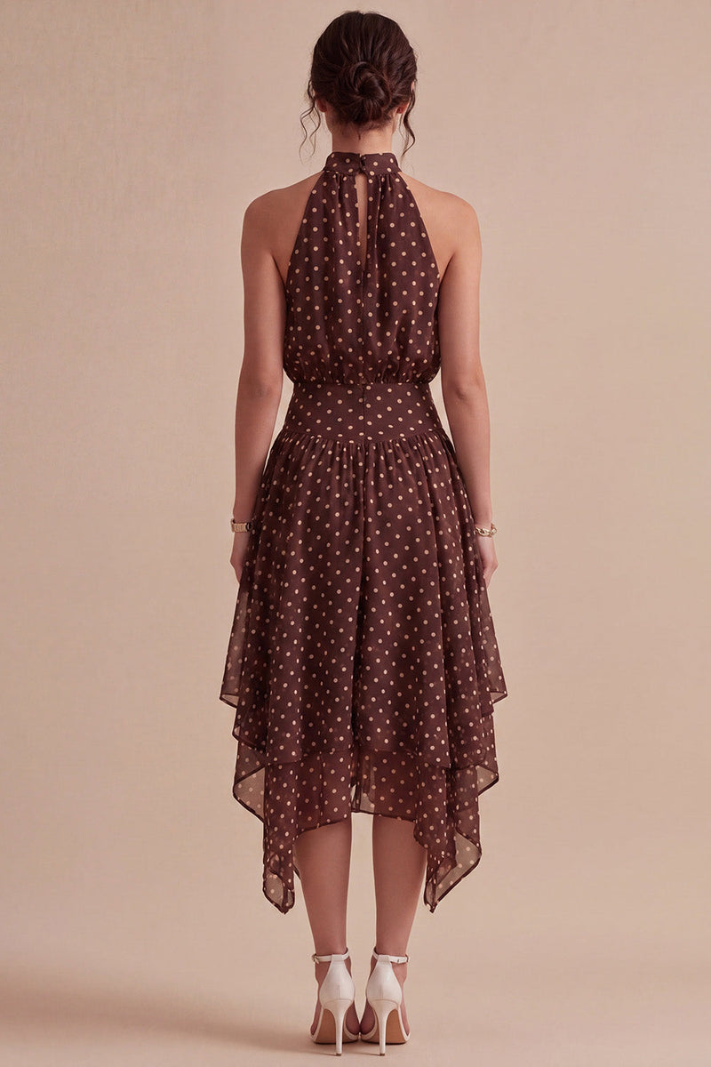 Laden Sie das Bild in den Galerie-Viewer, Kaffee und weißes High-Neck-Kleid mit einer A-Linie mit asymmetrischen Punkten