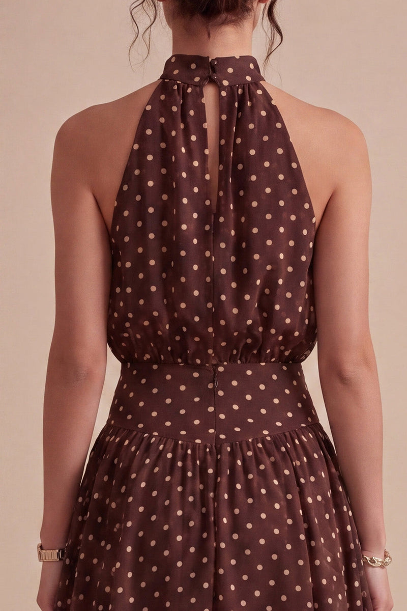 Laden Sie das Bild in den Galerie-Viewer, Kaffee und weißes High-Neck-Kleid mit einer A-Linie mit asymmetrischen Punkten