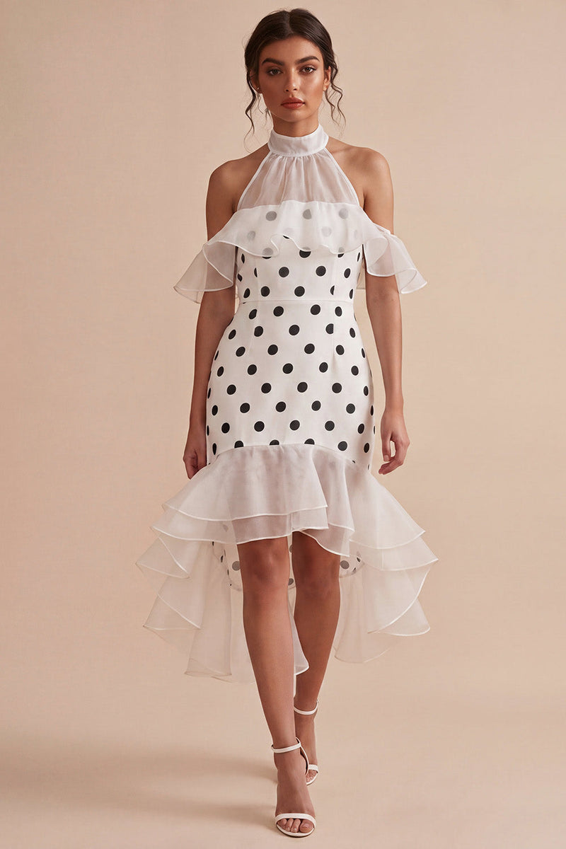 Laden Sie das Bild in den Galerie-Viewer, Kaltschulter, weiße, schwarze Punkte, raffiertes High-Low-Meerjungfrauen-Abschlusskleid