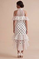 Laden Sie das Bild in den Galerie-Viewer, Kaltschulter, weiße, schwarze Punkte, raffiertes High-Low-Meerjungfrauen-Abschlusskleid