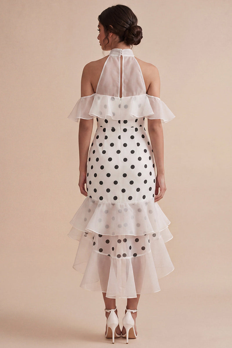 Laden Sie das Bild in den Galerie-Viewer, Kaltschulter, weiße, schwarze Punkte, raffiertes High-Low-Meerjungfrauen-Abschlusskleid