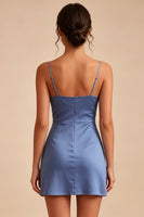 Laden Sie das Bild in den Galerie-Viewer, Stahlblaues, enges Kurzes Spaghettiträger-Abschlusskleid