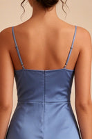 Laden Sie das Bild in den Galerie-Viewer, Stahlblaues, enges Kurzes Spaghettiträger-Abschlusskleid