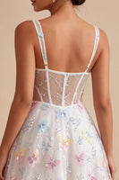 Laden Sie das Bild in den Galerie-Viewer, Korsett, geblümte weiße Midi-Träger, dicke Träger mit Perlen, A Line Abschlusskleid