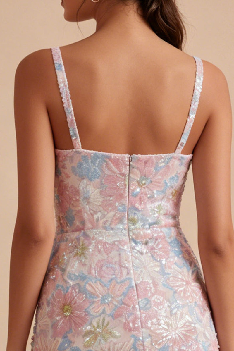 Laden Sie das Bild in den Galerie-Viewer, Blumen-glitzerndes, pinkes, enges Abschlusskleid mit kurzen, dicken Perlenträgern