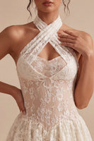 Laden Sie das Bild in den Galerie-Viewer, Blumen-Elfenbein-Halter-Schlüsselloch-Spitzen-Kurz-A-Linien-Abschlusskleid