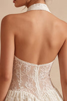 Laden Sie das Bild in den Galerie-Viewer, Blumen-Elfenbein-Halter-Schlüsselloch-Spitzen-Kurz-A-Linien-Abschlusskleid