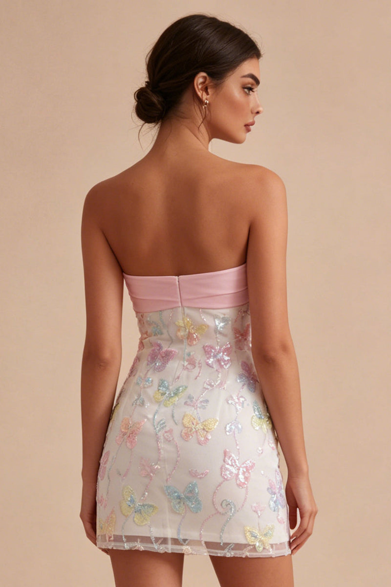 Laden Sie das Bild in den Galerie-Viewer, Glitzerndes pink-weißes, geblümtes, enges Mini-Trägerloses Abschlusskleid mit Perlen zum Abschluss