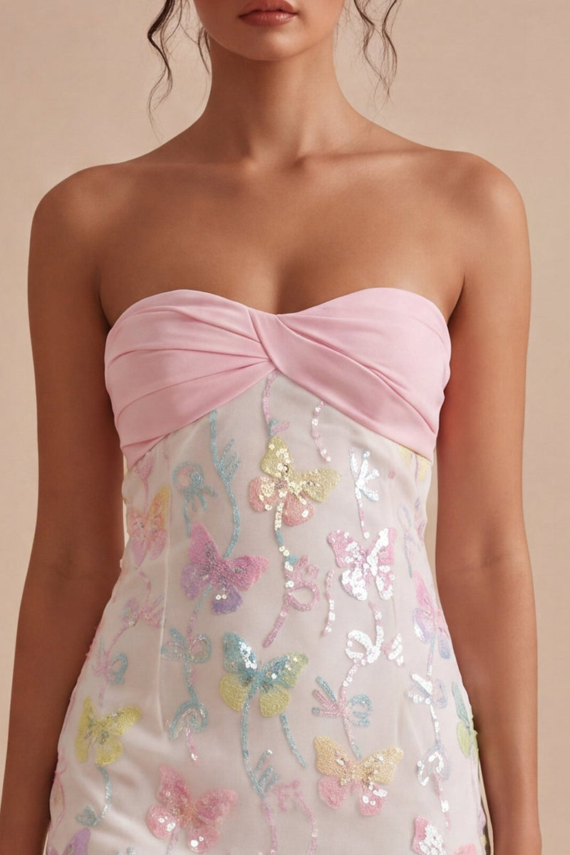 Laden Sie das Bild in den Galerie-Viewer, Glitzerndes pink-weißes, geblümtes, enges Mini-Trägerloses Abschlusskleid mit Perlen zum Abschluss