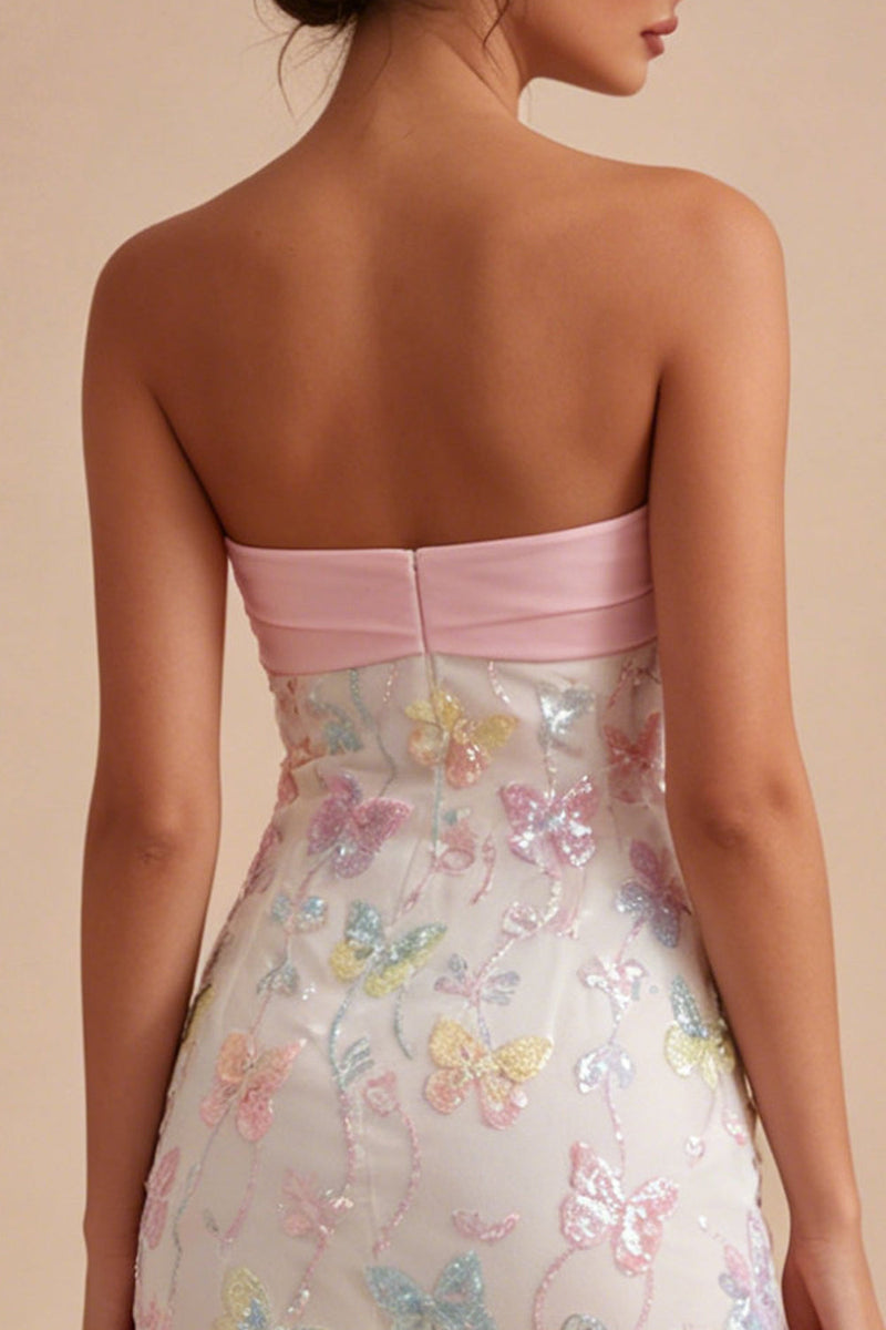 Laden Sie das Bild in den Galerie-Viewer, Glitzerndes pink-weißes, geblümtes, enges Mini-Trägerloses Abschlusskleid mit Perlen zum Abschluss