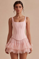 Laden Sie das Bild in den Galerie-Viewer, Rosa A-Linie kurzes Korsett, dicke Träger Abschlusskleid mit Rüschen