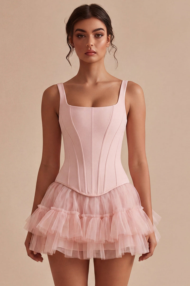 Laden Sie das Bild in den Galerie-Viewer, Rosa A-Linie kurzes Korsett, dicke Träger Abschlusskleid mit Rüschen