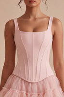 Laden Sie das Bild in den Galerie-Viewer, Rosa A-Linie kurzes Korsett, dicke Träger Abschlusskleid mit Rüschen