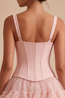 Laden Sie das Bild in den Galerie-Viewer, Rosa A-Linie kurzes Korsett, dicke Träger Abschlusskleid mit Rüschen