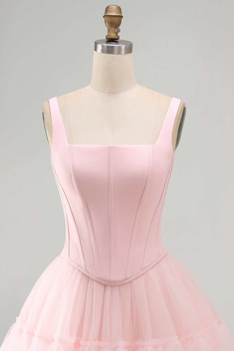 Laden Sie das Bild in den Galerie-Viewer, Rosa A-Linie Kurzes Korsett Dicke Träger Abschlusskleid mit Rüschen