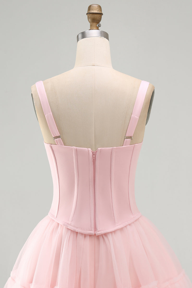 Laden Sie das Bild in den Galerie-Viewer, Rosa A-Linie Kurzes Korsett Dicke Träger Abschlusskleid mit Rüschen