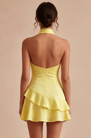 Laden Sie das Bild in den Galerie-Viewer, Ein kurzes Line-Neckholder-Halter, rückenloses Abschlusskleid mit Rüschen