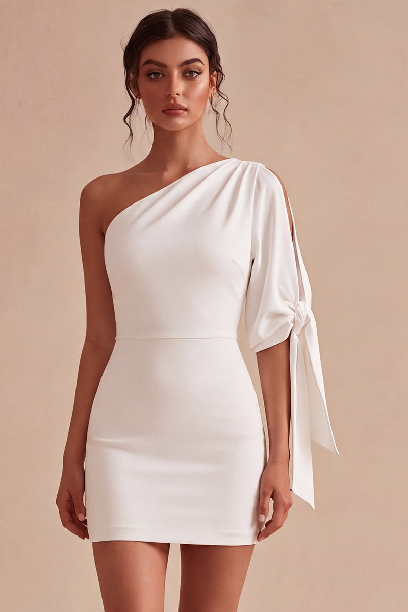 Laden Sie das Bild in den Galerie-Viewer, Weißes, einschulterlanges, enges kurzes Abschlusskleid