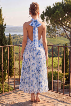 Blaues A-Linie Halter-Plissiertes Midi-Blumenkleid