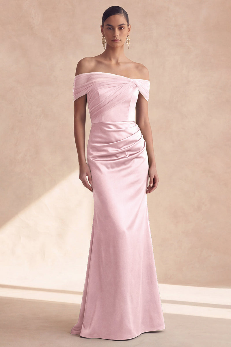 Laden Sie das Bild in den Galerie-Viewer, Off-the-shoulder olivfarbenes Meerjungfrauen-Brautjungfernkleid mit Falten