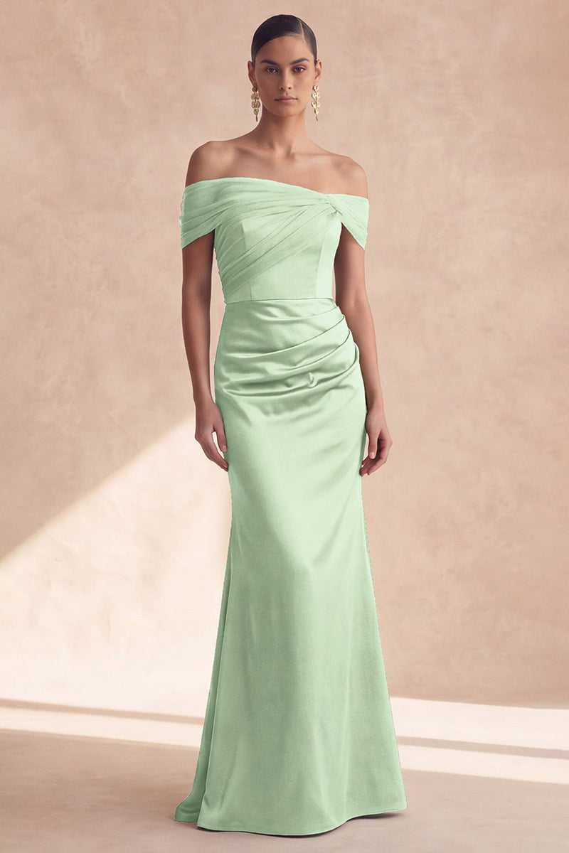 Laden Sie das Bild in den Galerie-Viewer, Off-the-shoulder olivfarbenes Meerjungfrauen-Brautjungfernkleid mit Falten