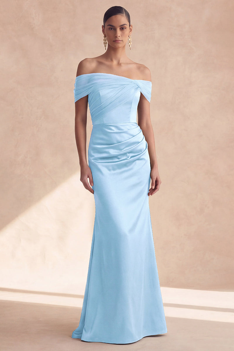 Laden Sie das Bild in den Galerie-Viewer, Off-the-shoulder olivfarbenes Meerjungfrauen-Brautjungfernkleid mit Falten