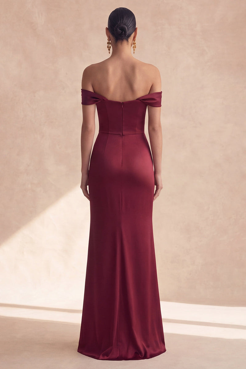 Laden Sie das Bild in den Galerie-Viewer, Schulterfreies, burgunderrotes Meerjungfrauen-Festkleid mit Schlitz