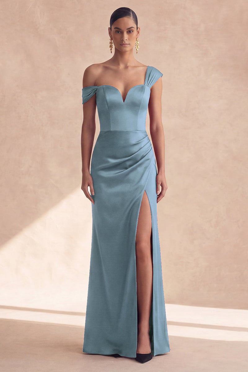 Laden Sie das Bild in den Galerie-Viewer, Schulterfreies, burgunderrotes Meerjungfrauen-Festkleid mit Schlitz