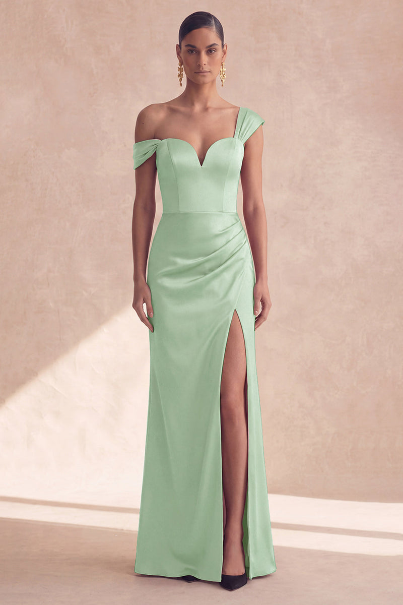 Laden Sie das Bild in den Galerie-Viewer, Schulterfreies, burgunderrotes Meerjungfrauen-Festkleid mit Schlitz