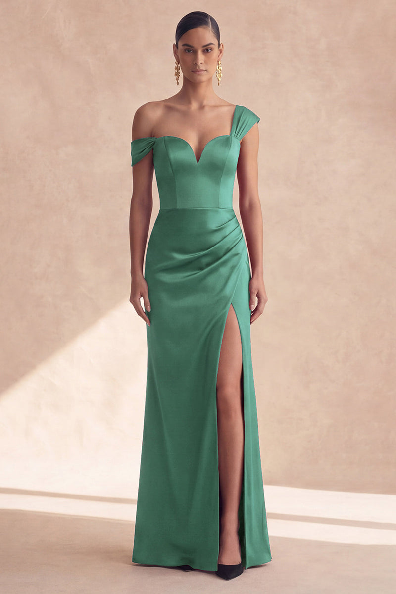 Laden Sie das Bild in den Galerie-Viewer, Schulterfreies, burgunderrotes Meerjungfrauen-Festkleid mit Schlitz