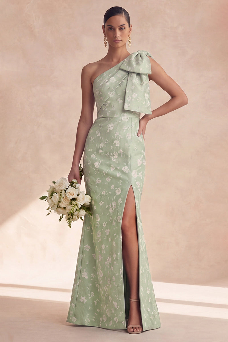 Laden Sie das Bild in den Galerie-Viewer, Einschulter-Blumen-Salbei-Meerjungfrauen-Brautjungfernkleid